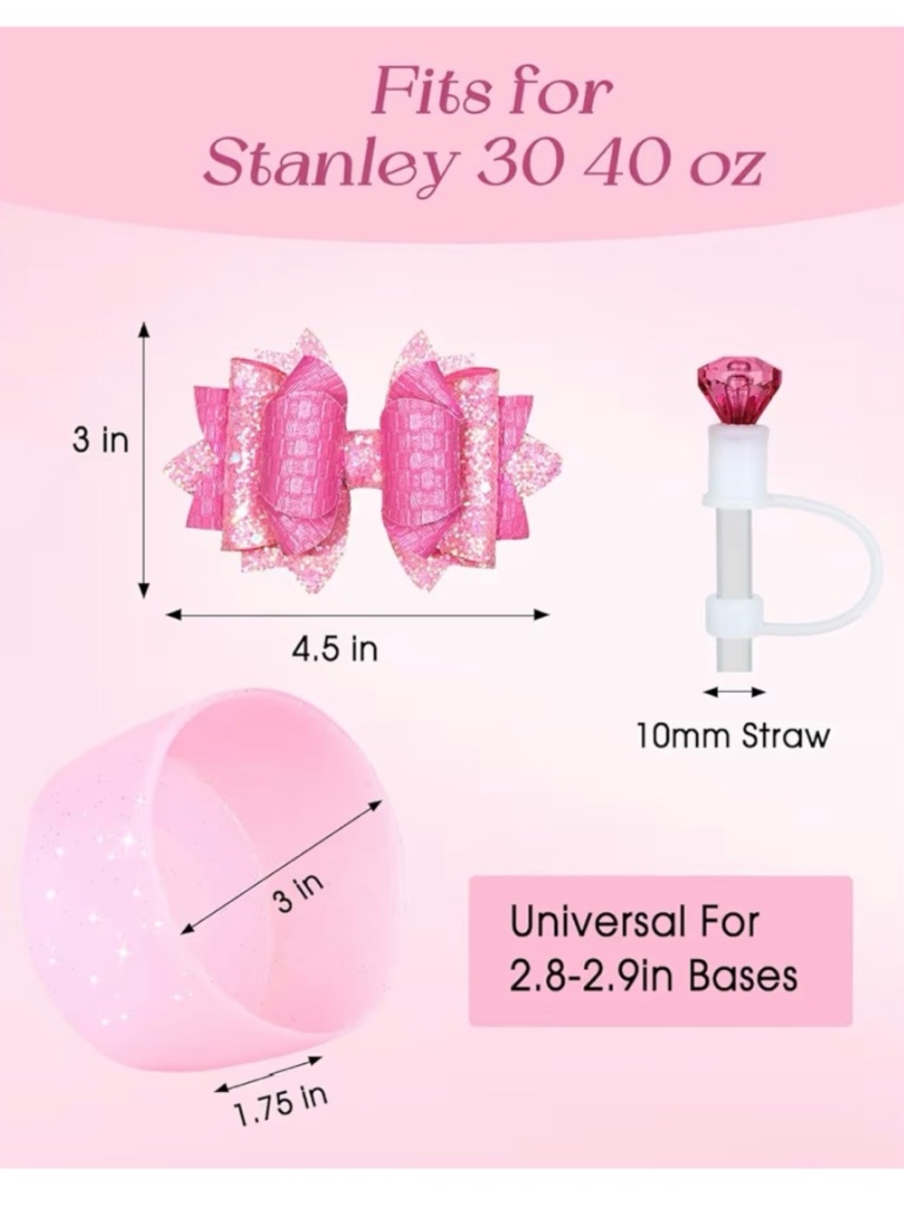 Pink Stanley Tumbler Bow & Straw Set - Fits 30/40 oz